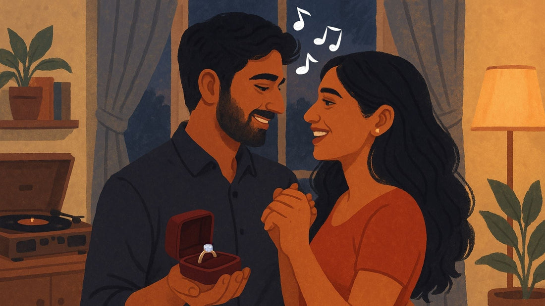 Illustration of a couple sharing an intimate moment with a musical instrument and romantic notes
