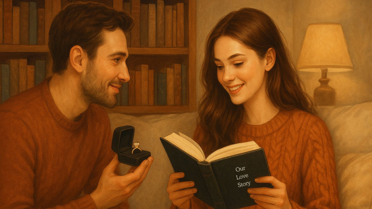 An illustrated scene of a cozy marriage proposal as a woman reads a book, with her partner holding an engagement ring beside her. Warm, intimate, and book-lover themed.