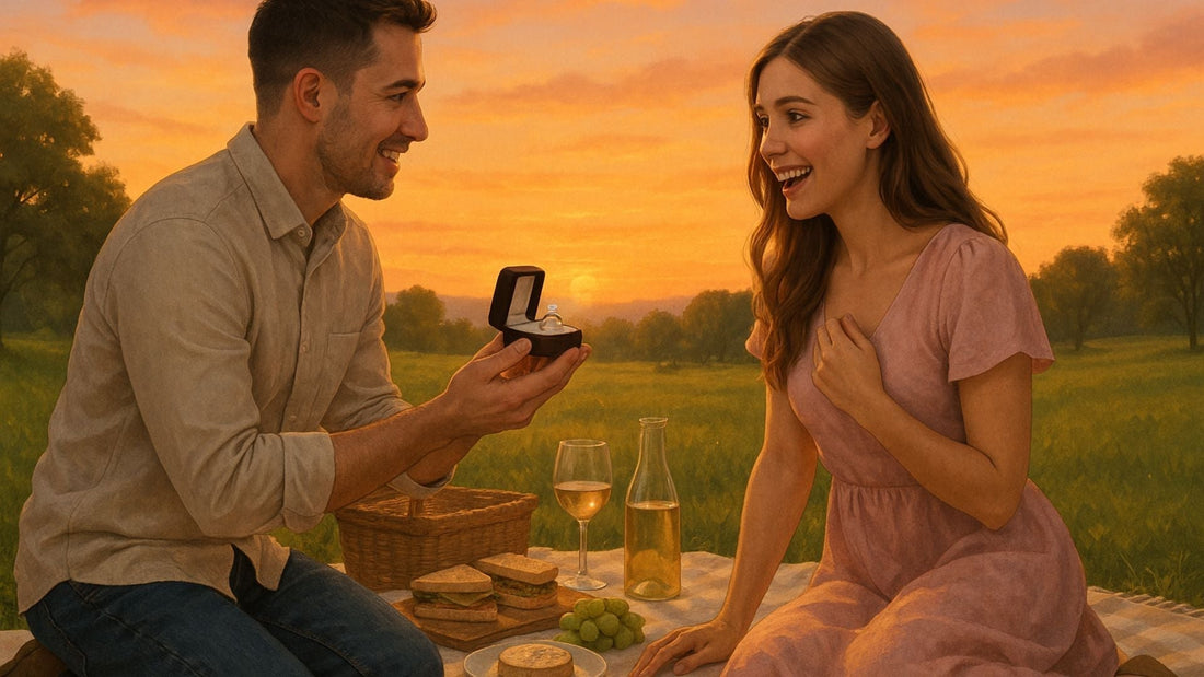 Couple enjoying a romantic proposal in a flower-filled public park at golden hour