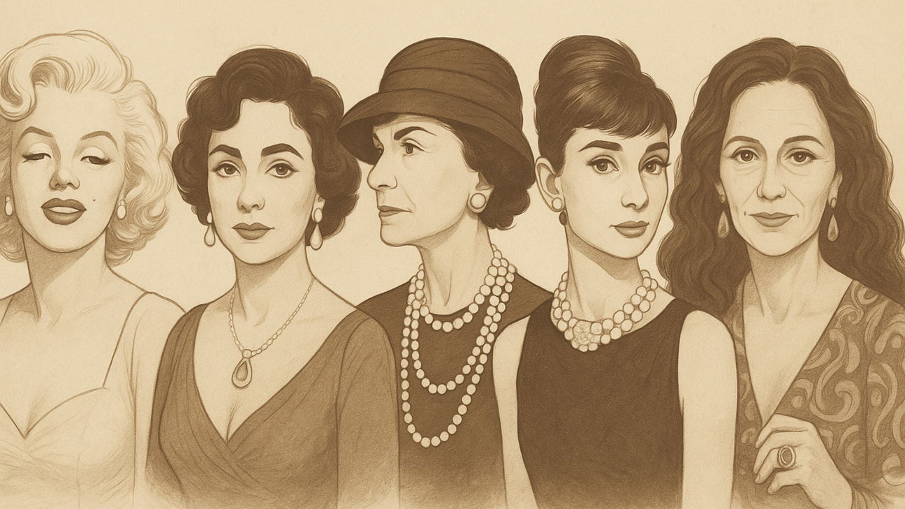 Illustrated portraits of five iconic women - Marilyn Monroe, Elizabeth Taylor, Coco Chanel, Audrey Hepburn, and Diane von Fürstenberg - styled in vintage elegance with classic jewelry, drawn in sepia tones.