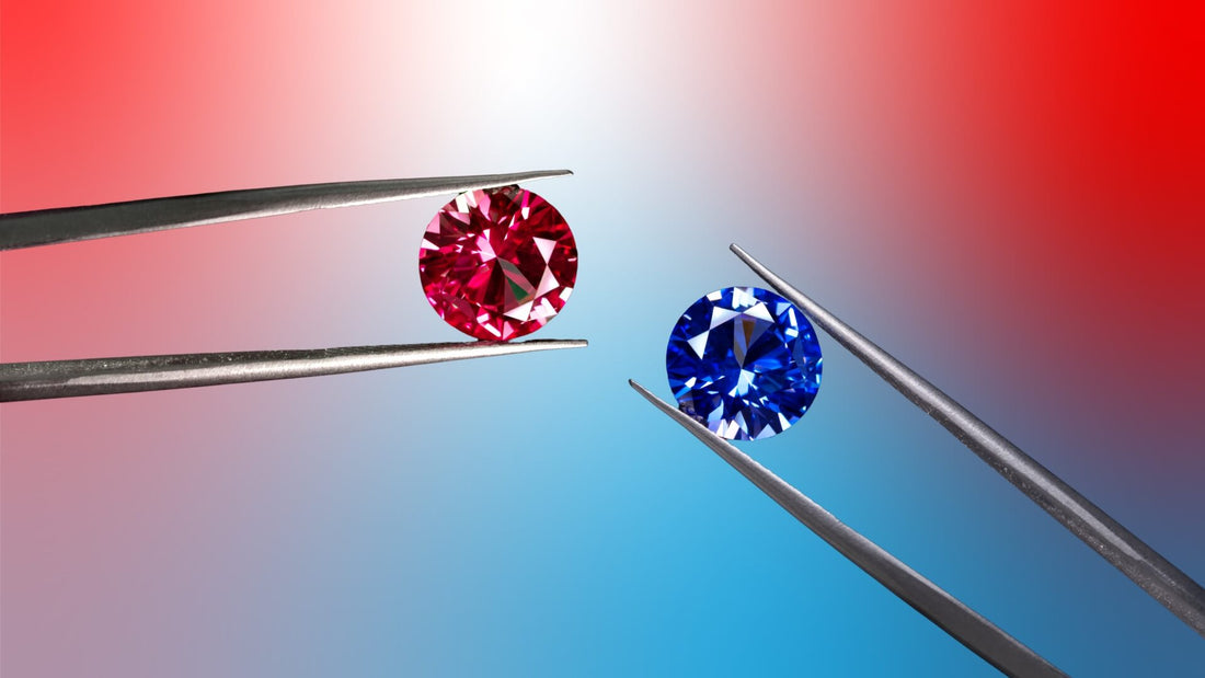 Red ruby and blue sapphire gemstones held in tweezers against contrasting backgrounds