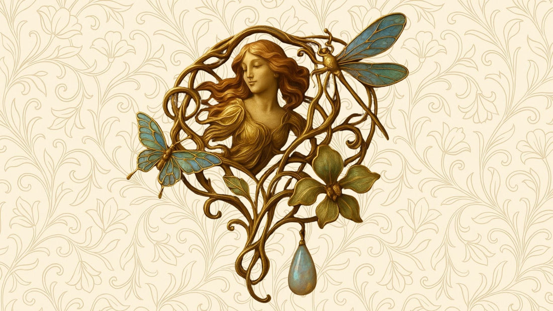 Intricate gold Art Nouveau-style brooch with botanical leaves, twisting stems and delicate detailing