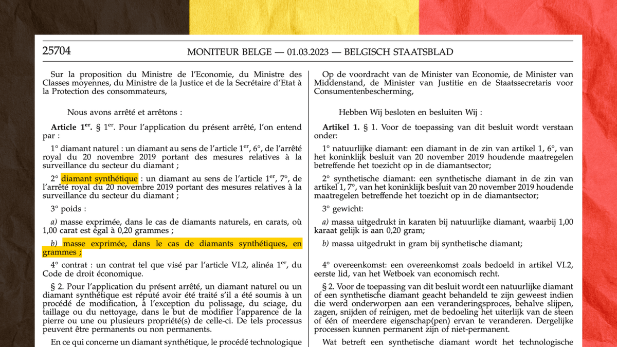 Close-up of a highlighted news article discussing Belgian rules for lab-grown diamond carat descriptions