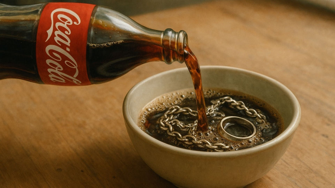 Cola being poured from a glass bottle into a bowl containing tarnished silver jewelry