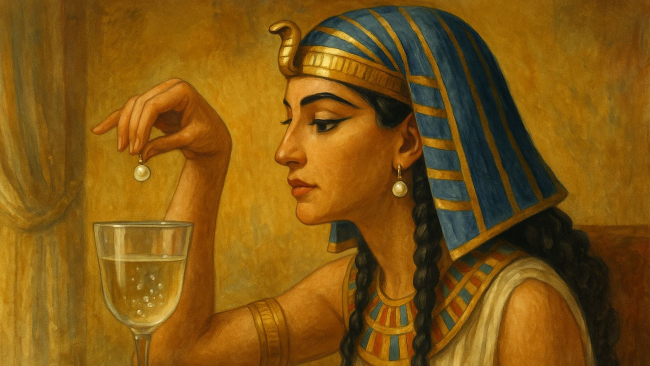 A classical-style painting of a woman dressed in ancient Egyptian attire, wearing a blue and gold headdress, holding a pearl delicately above a glass of liquid, symbolizing the historical anecdote of Cleopatra dissolving a pearl in vinegar.