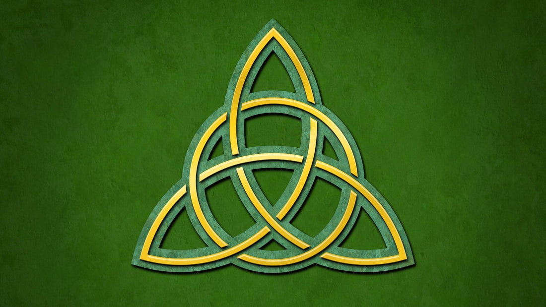 Gold Celtic triquetra knot with three interwoven loops on a vivid green background