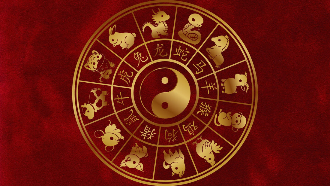 Circular golden Chinese zodiac chart with astrological symbols on a crimson background