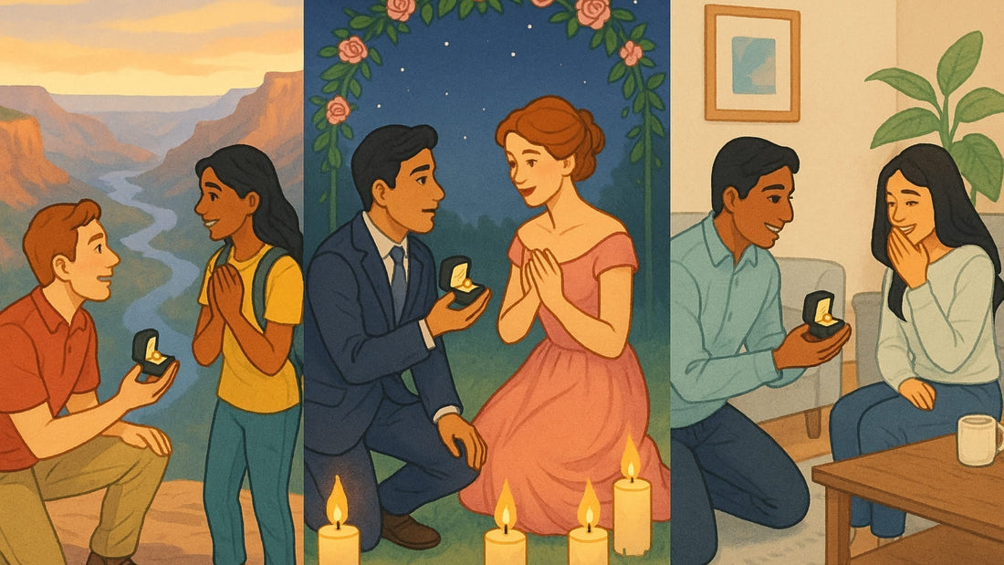Illustration of different couples celebrating creative, personalised engagement proposal moments