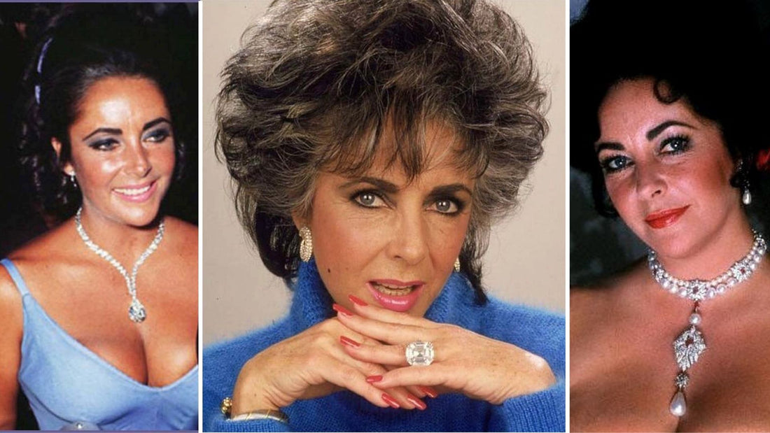 Photographic collage of Elizabeth Taylor wearing prominent gemstone jewellery