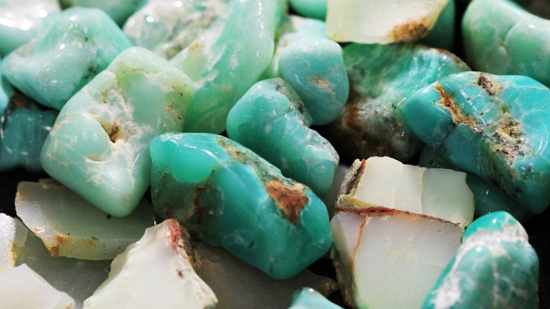 Polished green chrysoprase stones showing mint and turquoise-green mottling