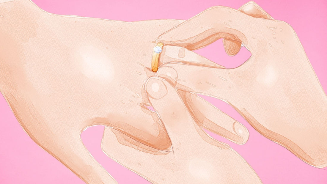 Pastel illustration of hands and a circular ring-sizing tool for finding the correct ring size