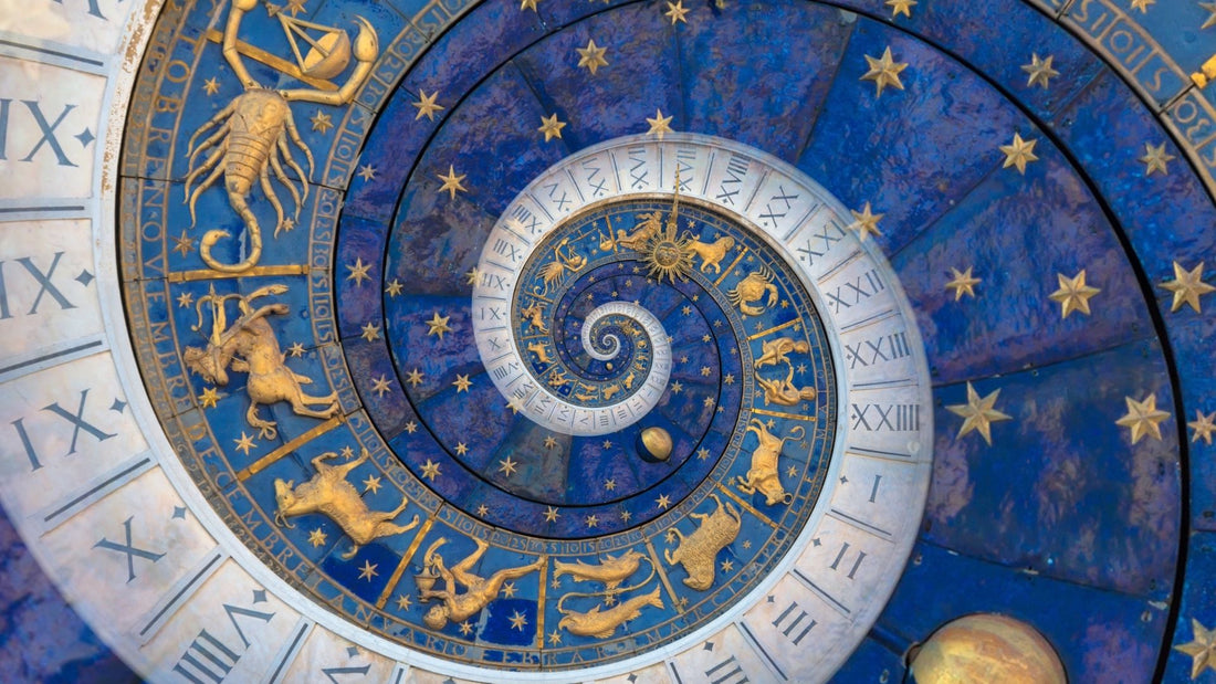 Illustrated astrology chart with zodiac symbols and celestial gemstones