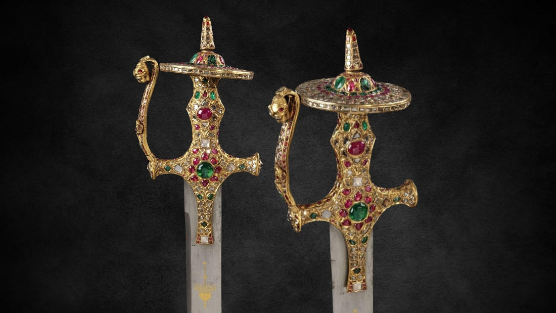 Three ancient sword-like ornaments with colourful gemstone settings against a dark backdrop