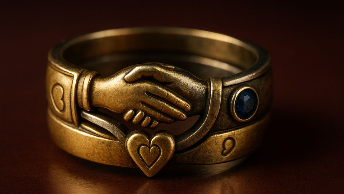 Antique gold gimmel ring featuring clasped hands, engraved detailing and a heart motif