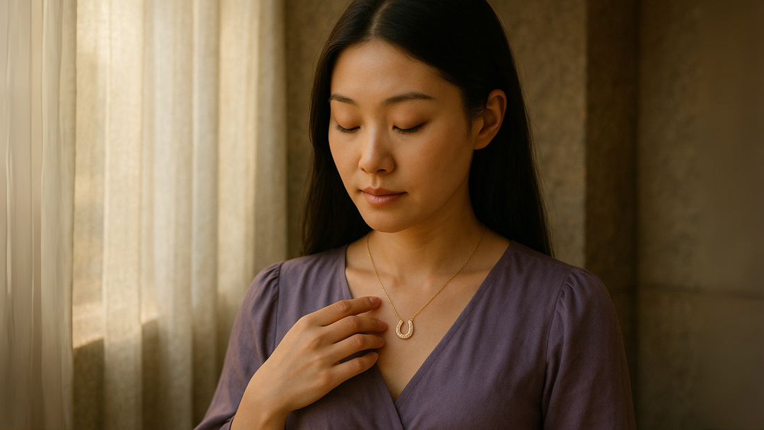 Woman wearing a delicate gold horseshoe charm necklace with a lavender outfit in soft window light