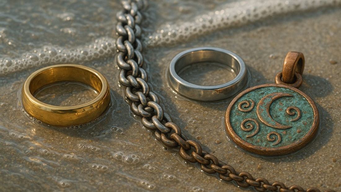 Gold and silver rings, a metal chain and a pendant on a weathered stone surface near water