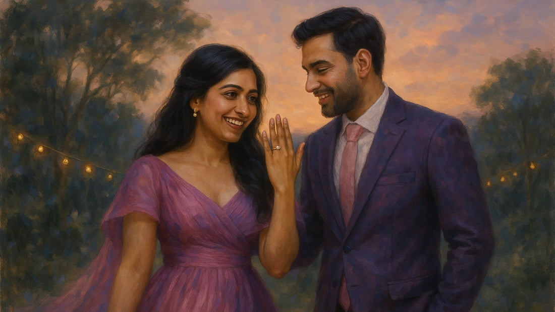 Couple embracing after a proposal in a scenic garden as warm evening light falls around them