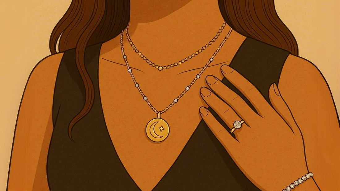 Illustration of a woman styling layered gold necklaces and statement jewellery with an orange outfit