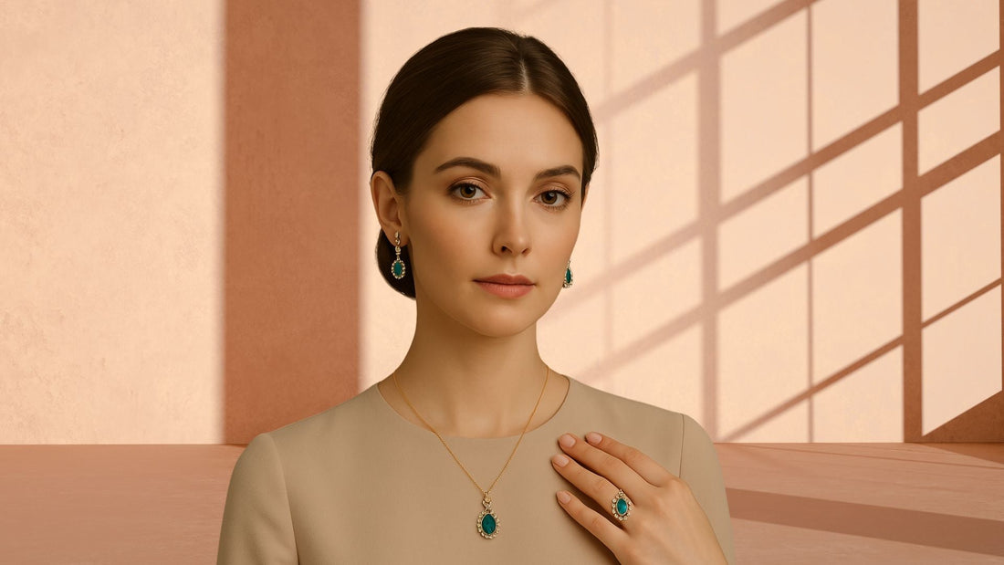 Woman in a neutral outfit wearing subtle coloured gemstone jewellery against a peach-toned backdrop