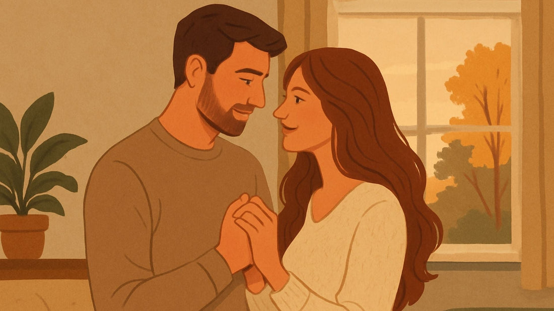 Warm-toned illustration of a couple embracing while navigating life changes together