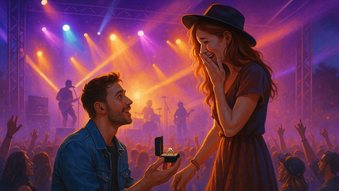 Man proposing to his partner beneath dramatic purple concert lights during a live music performance