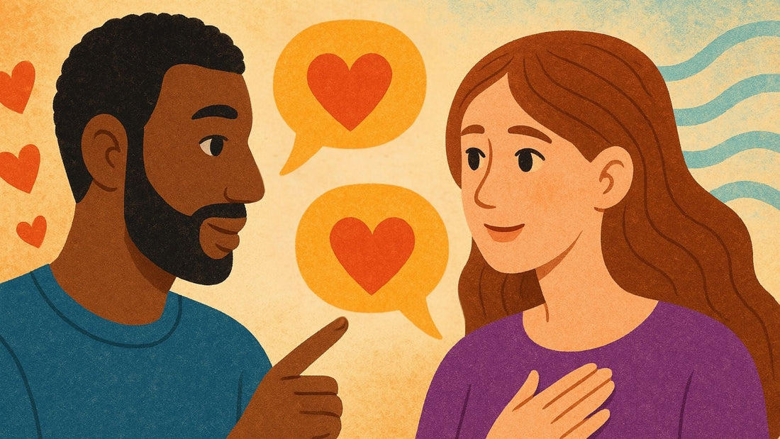Illustration of a couple discussing their feelings with heart symbols representing emotional connection