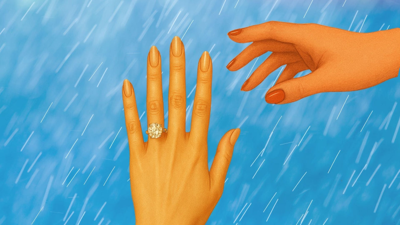 An illustration of a hand wearing a large diamond engagement ring, with another hand reaching toward it, set against a vibrant blue background with streaks resembling rain, creating a dramatic atmosphere.