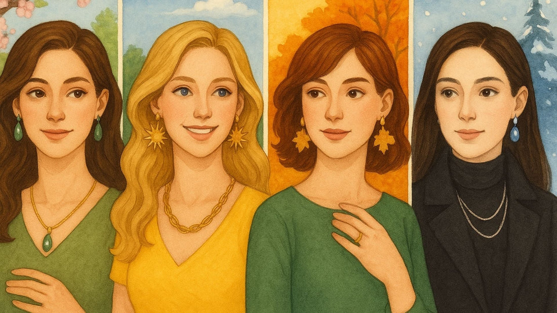 Illustration of five women wearing season-inspired jewellery and outfits in complementary colours