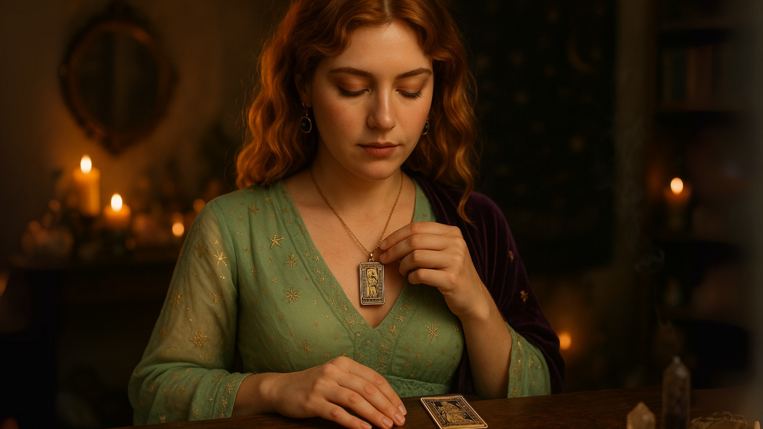 Woman in a green blouse with layered gold necklaces and a tarot-inspired pendant in a candlelit room