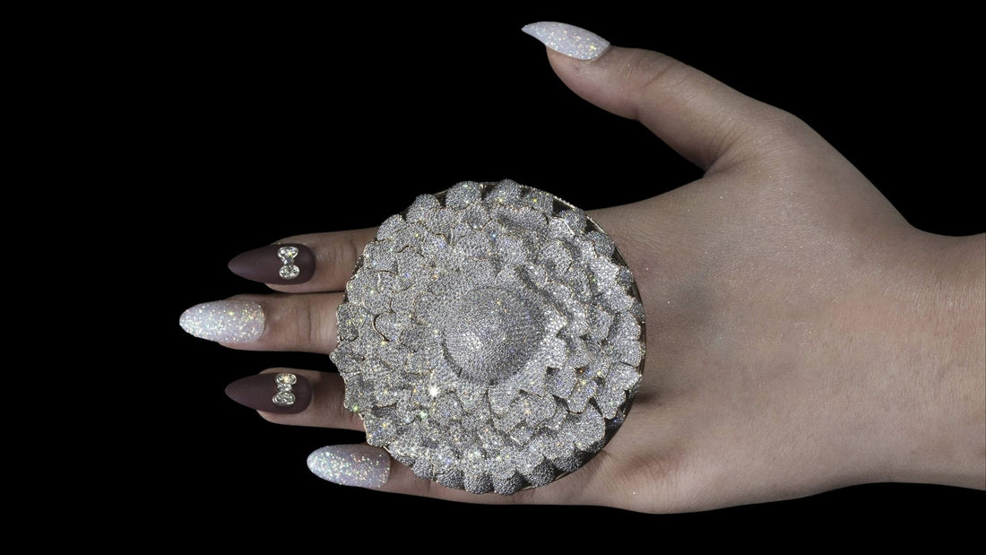 Floral-inspired diamond ring sparkling against a black background, celebrating the marigold motif in jewellery