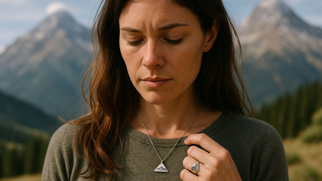 Woman wearing a silver pendant necklace against a dramatic mountain landscape, evoking strength and aspiration in jewellery symbolism