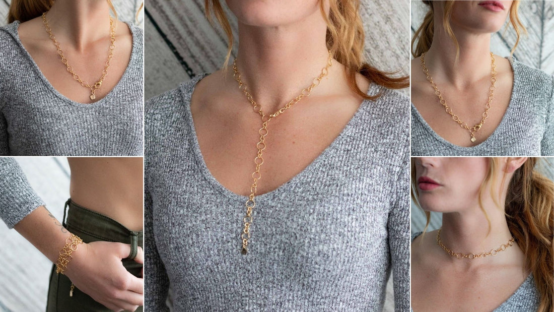 Collage of women styling the same delicate gold chain necklace in different ways