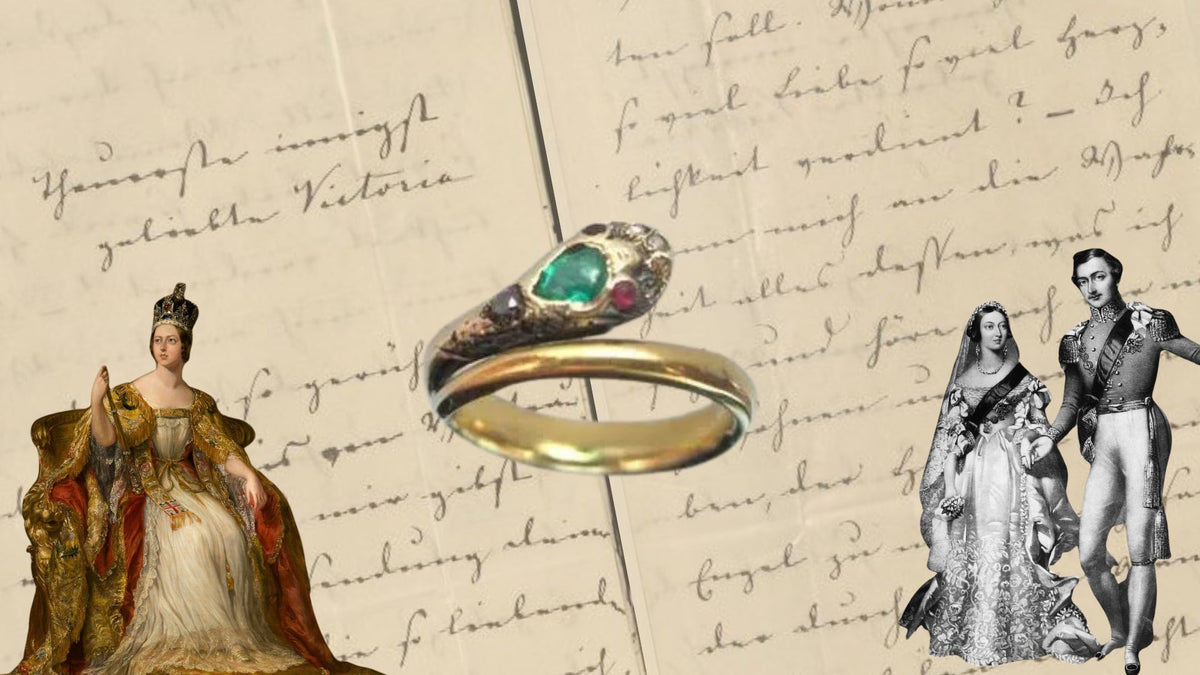 Vintage illustration of Queen Victoria's snake-shaped engagement ring and historic figures