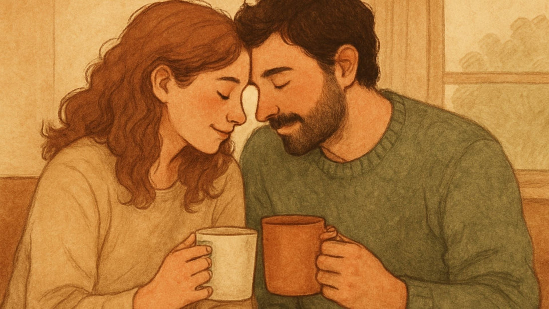 Couple leaning together over coffee at home, showing the small gestures behind lasting love