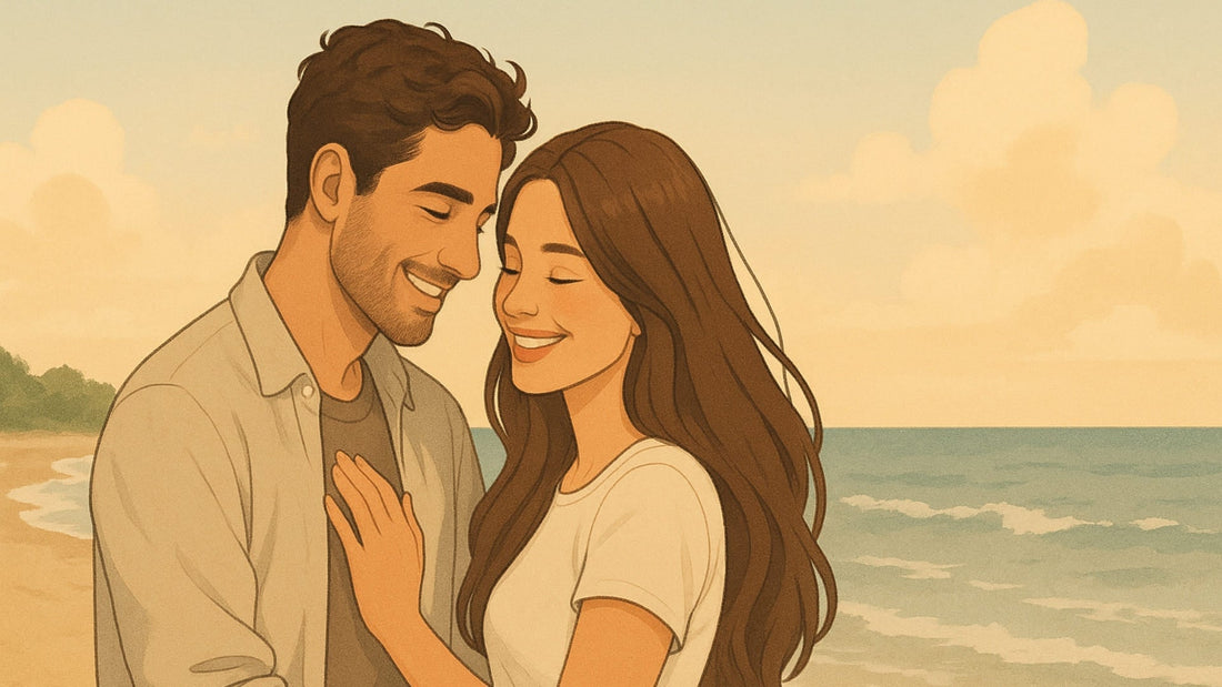 Couple sharing a relaxed embrace in warm sunlight during a candid engagement photoshoot
