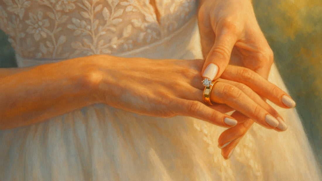 Close-up of a woman adjusting a loose ring on her finger while checking how the band fits