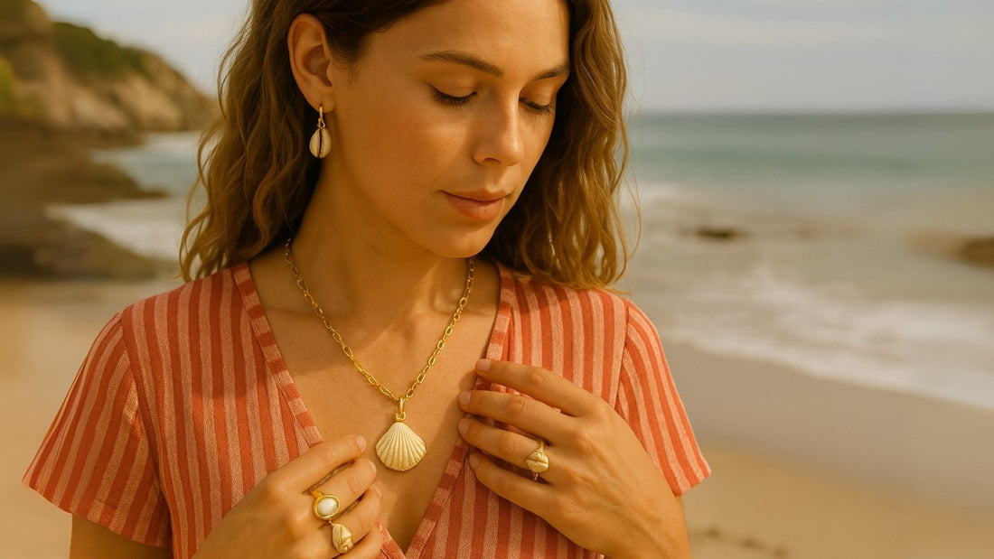 Woman in an orange knit top wearing a shell pendant necklace beside a sandy beach
