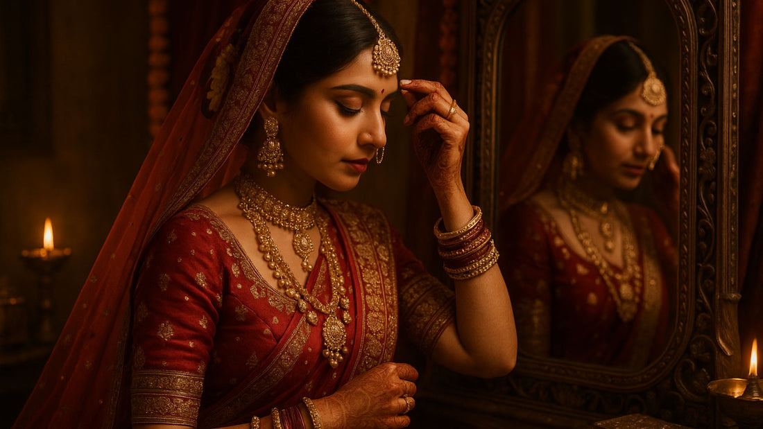 Indian bride in red attire preparing with traditional Solah Shringar bridal adornments