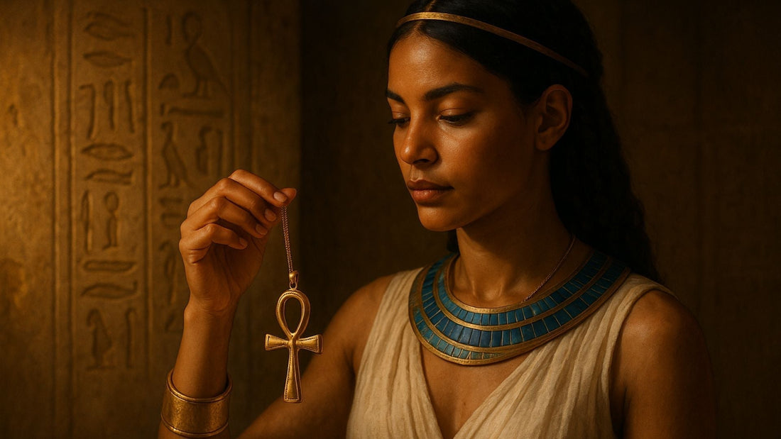 Woman wearing an Egyptian-inspired turquoise and gold collar necklace with an ankh pendant in a warmly lit setting