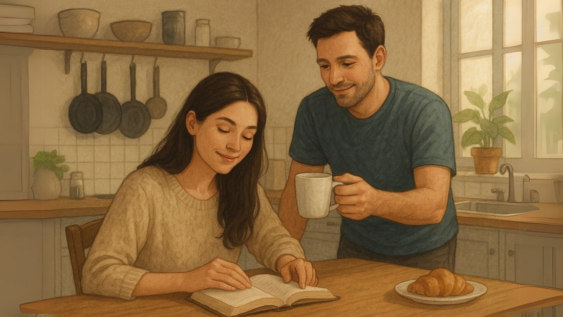 Couple sharing a quiet moment together at home, showing affection through small daily gestures