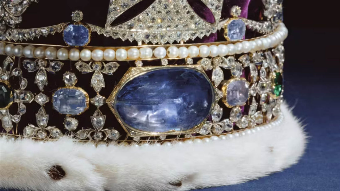 Close-up of the deep blue Stuart Sapphire set within a diamond-encrusted royal crown