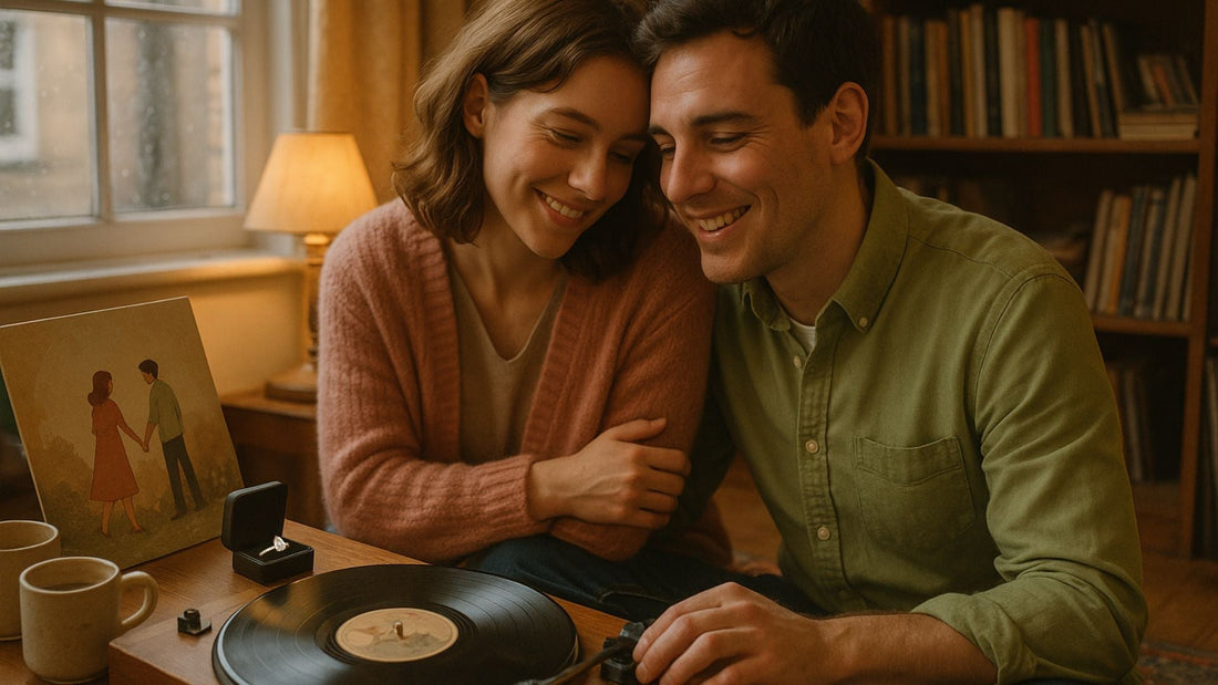 Couple looking at a custom vinyl record together on a sofa for a music-inspired marriage proposal