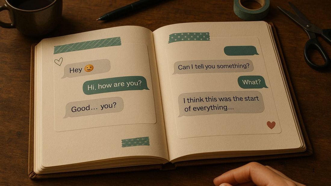 Open scrapbook displaying saved messages and conversations for a sentimental text message proposal