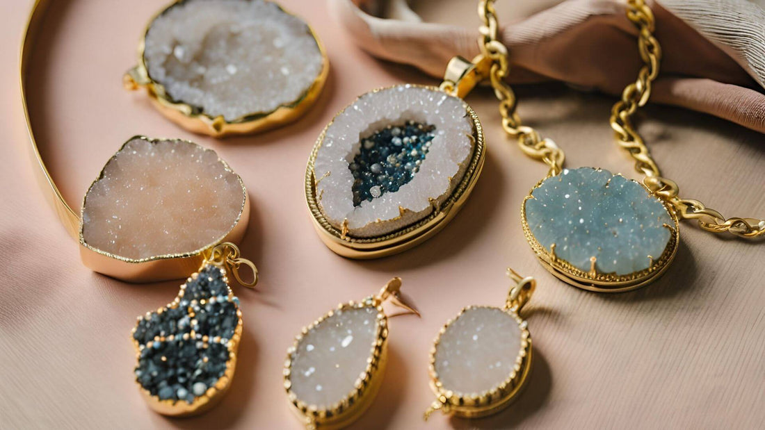 Collection of druzy agate slices with sparkling natural crystal interiors