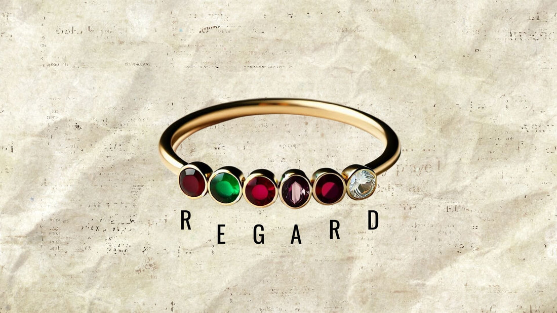Delicate gold acrostic ring set with a row of differently coloured small gemstones