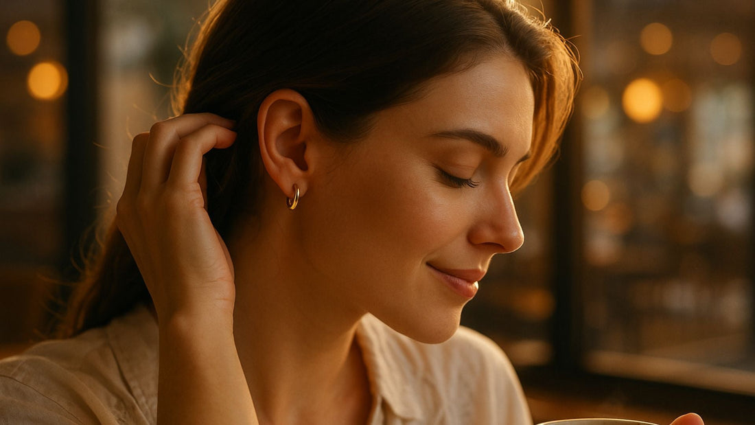 Close-up of a woman touching a small gold huggie hoop earring in warm light