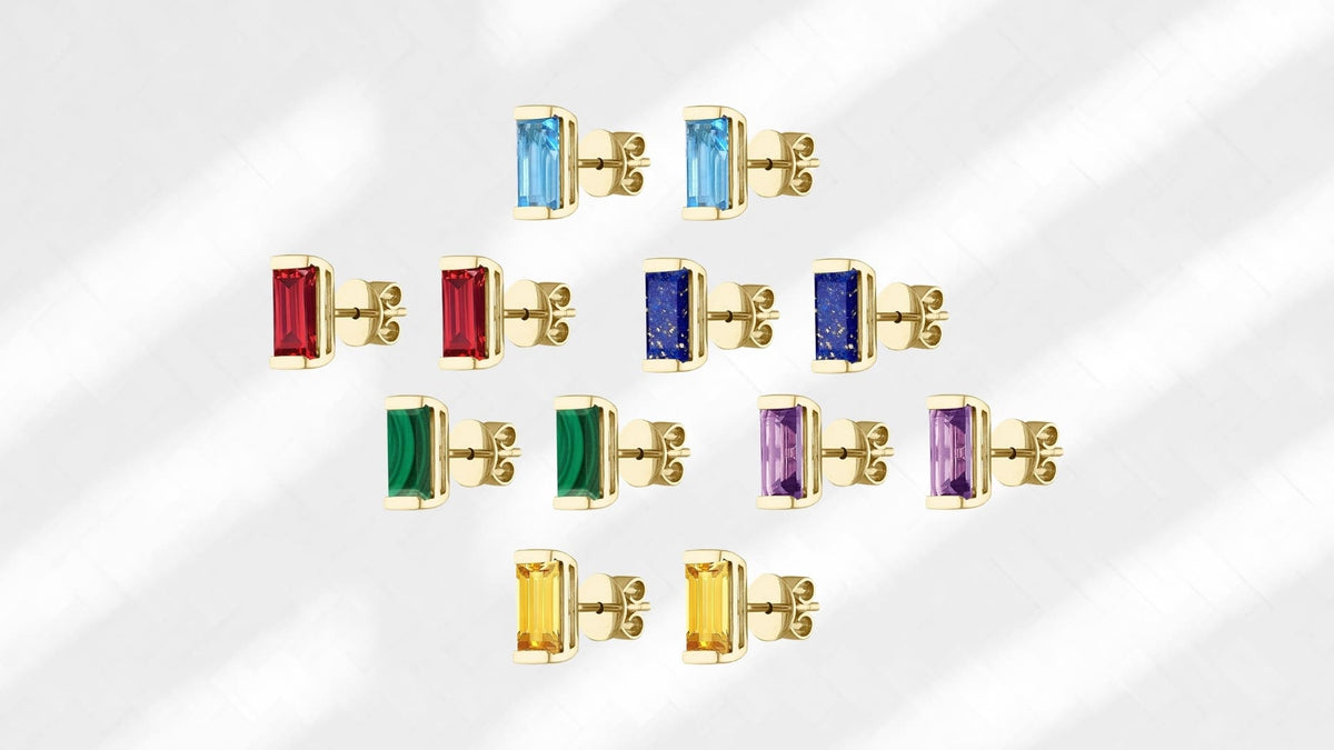 Small geometric colour swatches showing jewel tones of ruby, sapphire, emerald and amethyst