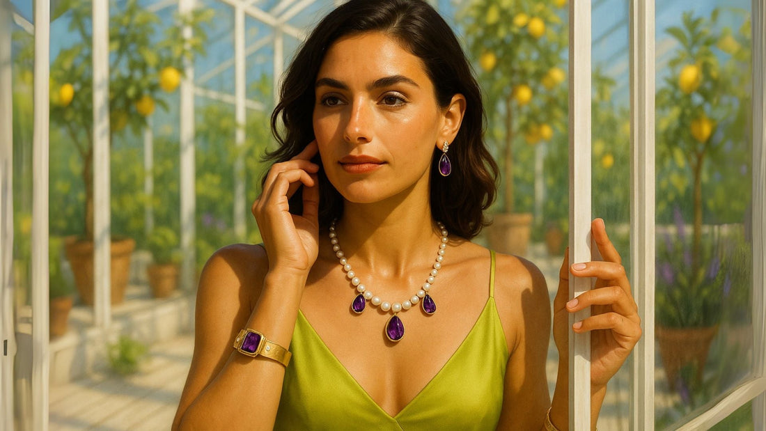 Woman in a lime green top wearing a delicate necklace and coordinating earrings by a tall window