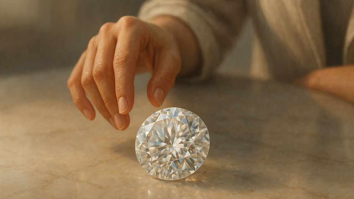 Brilliant round-cut white diamond sparkling beside a hand on a soft beige background