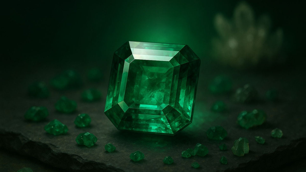 Vivid green emerald gemstones and an emerald-cut crystal arranged against a dark green background